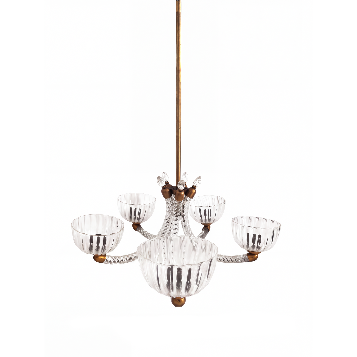 A five-light chandelier with clear ribbed glass candle cups and twisted glass arms, suspended by a brass-colored rod against a plain white background.