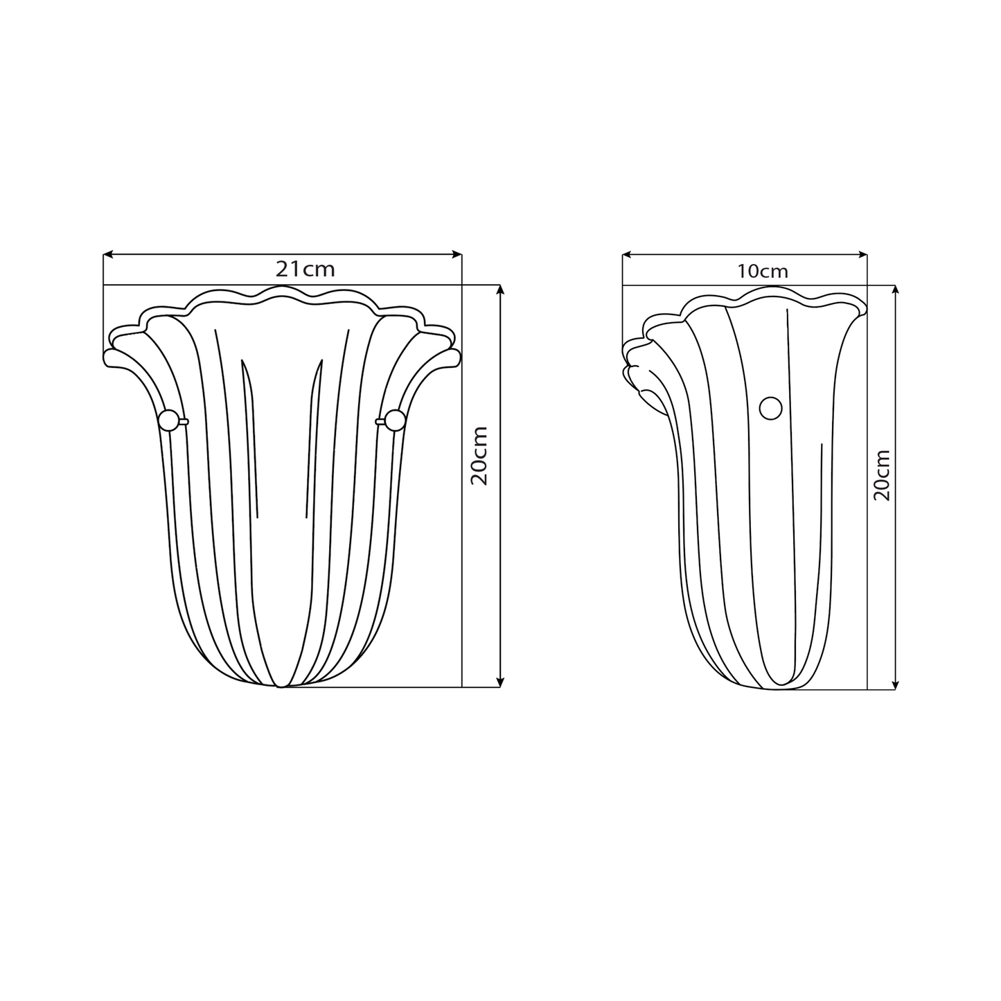 Technical diagram showing dimensions of Barovier & Toso wall lights — Height 20cm, Width 21cm, Depth 10cm