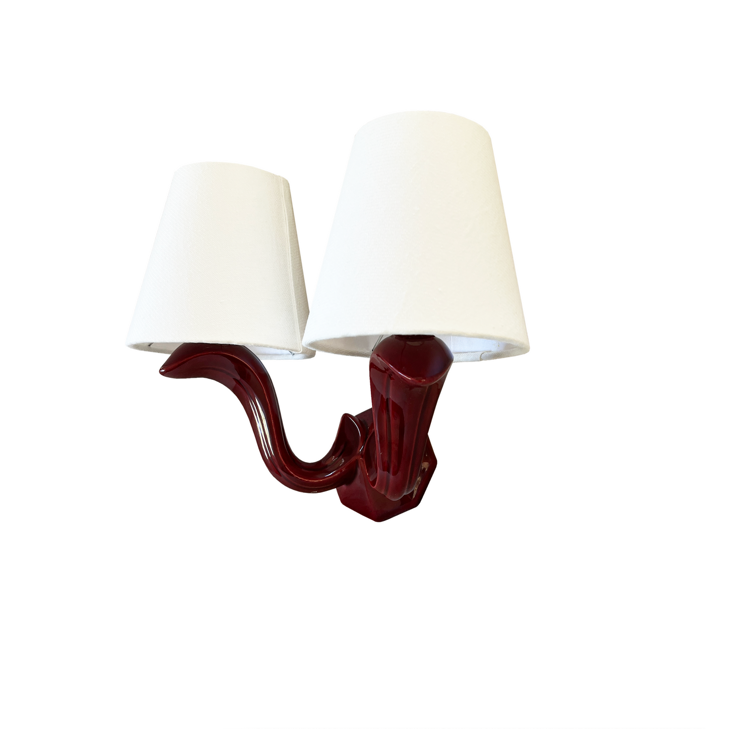 Pair of Burgundy Twin Arm Ceramic Sconces
