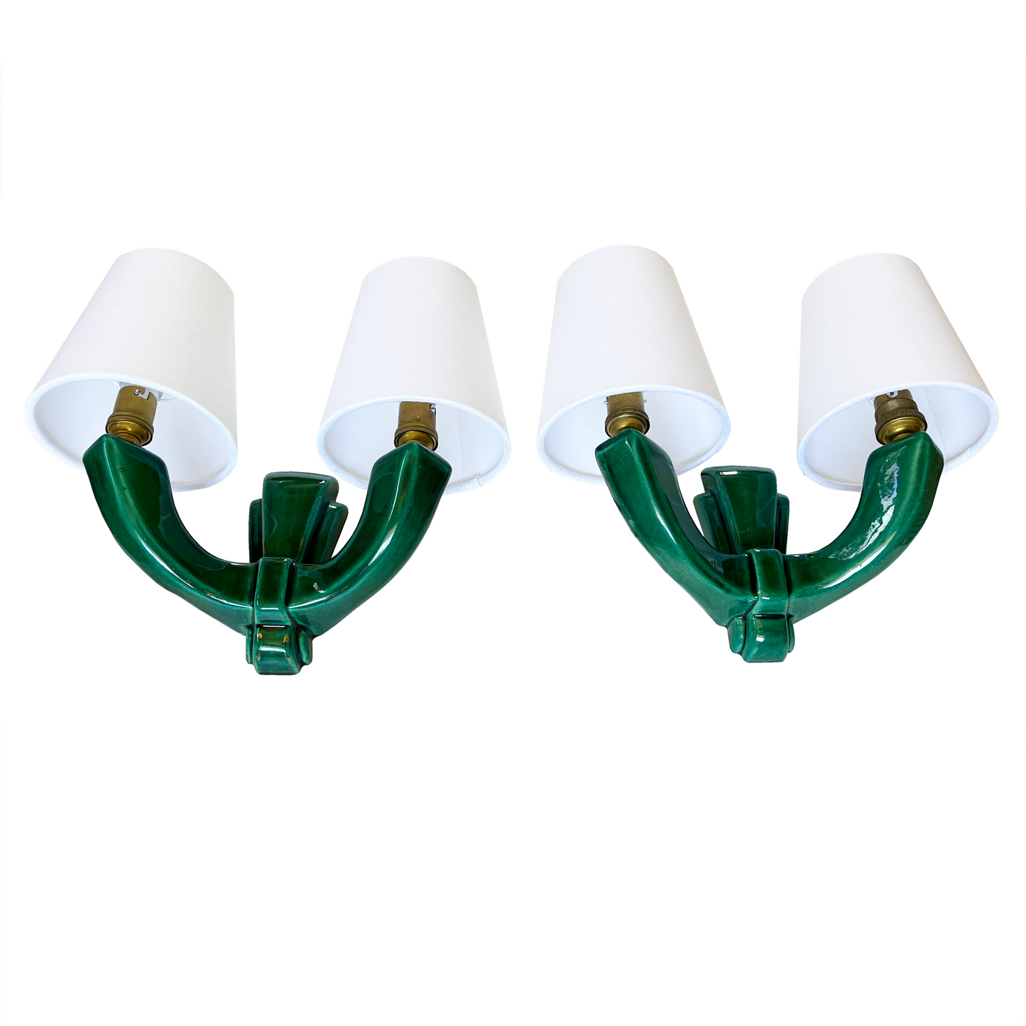 Pair of Twin Arm Emerald Green Ceramic Wall Lights - close up