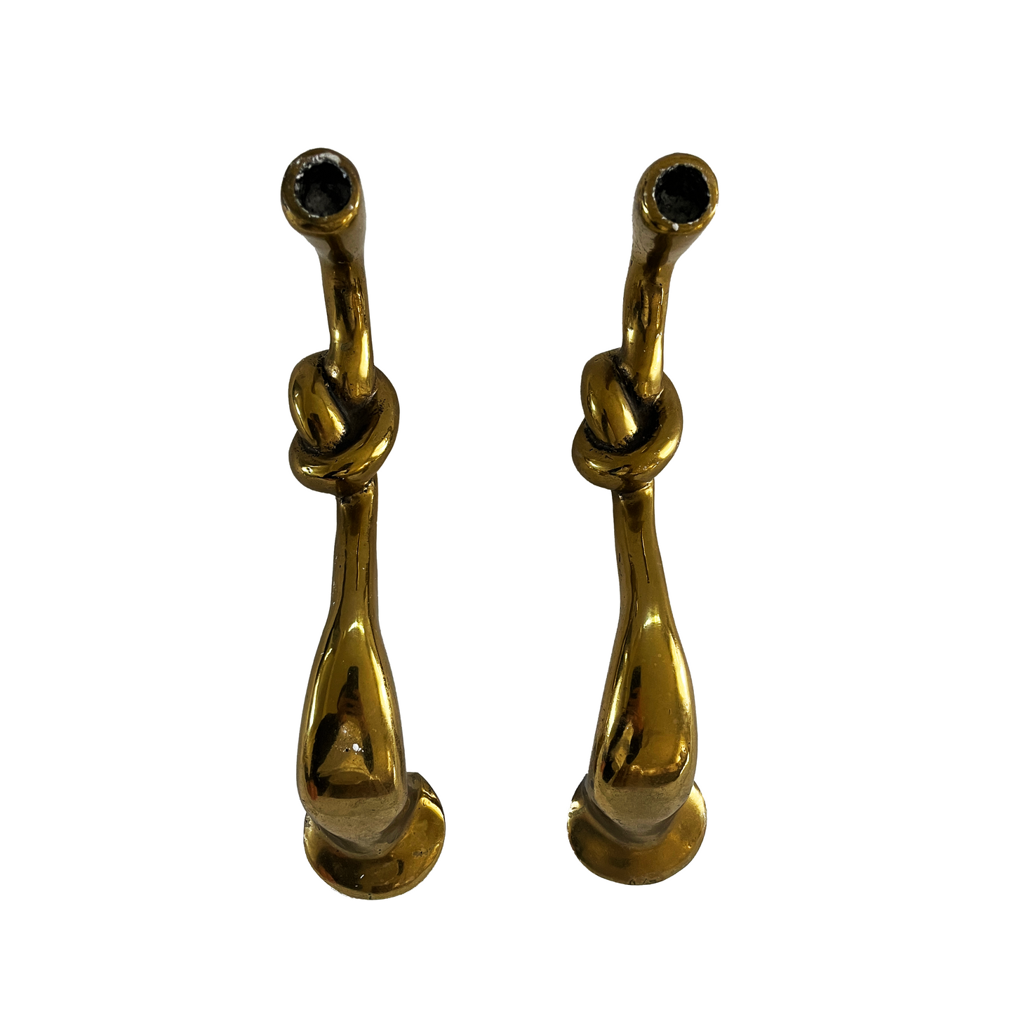 A Pair of Vintage Knot-Shaped Brass Candle Holders - close up