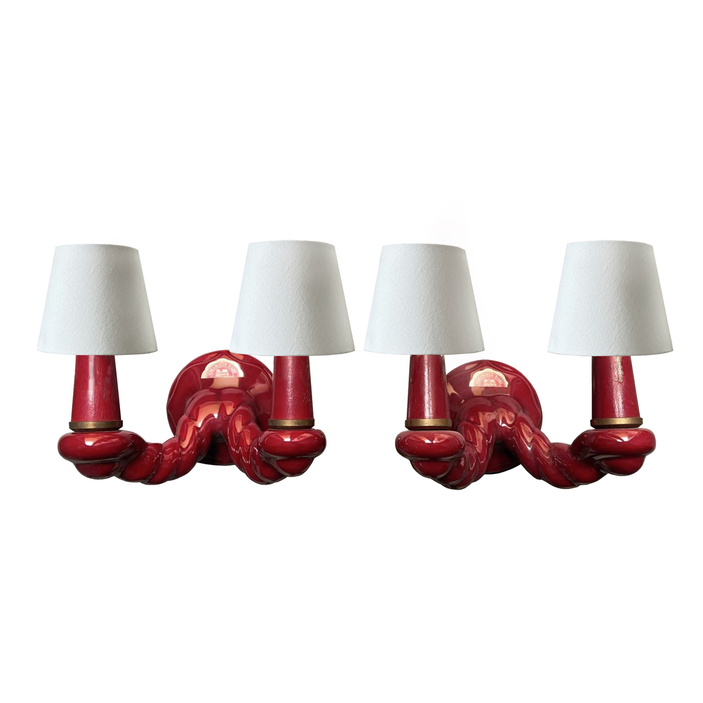 Pair of Burgundy Glazed Ceramic Twin Arm Wall Lights by Sèvres France