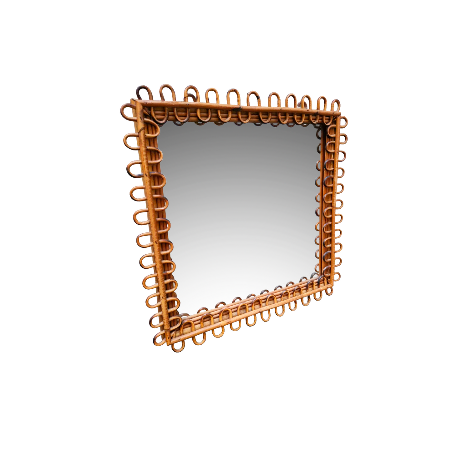 1960s Bonacina square wall mirror with looped rattan edge, Italian vintage rattan and bamboo frame