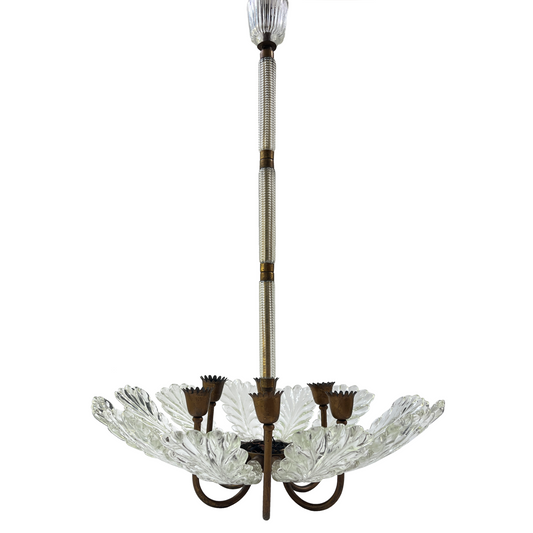 Art Deco Barovier and Toso 12 Leaf Murano Glass Pendant Light