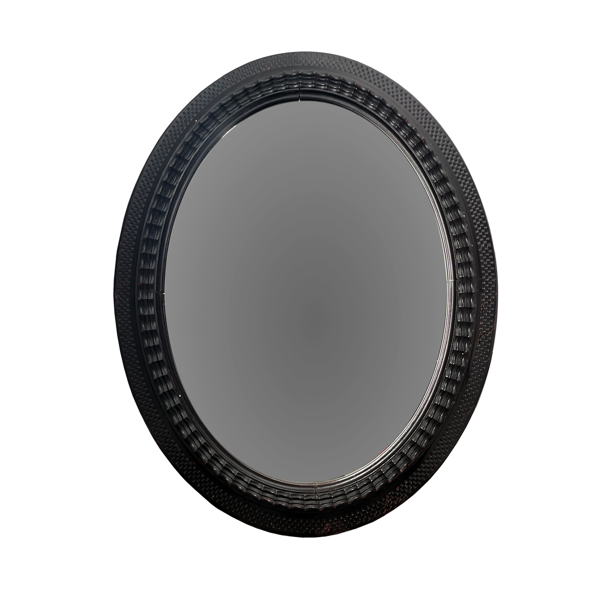 1930s Italian oval guilloche mirror with blackened carved wood frame