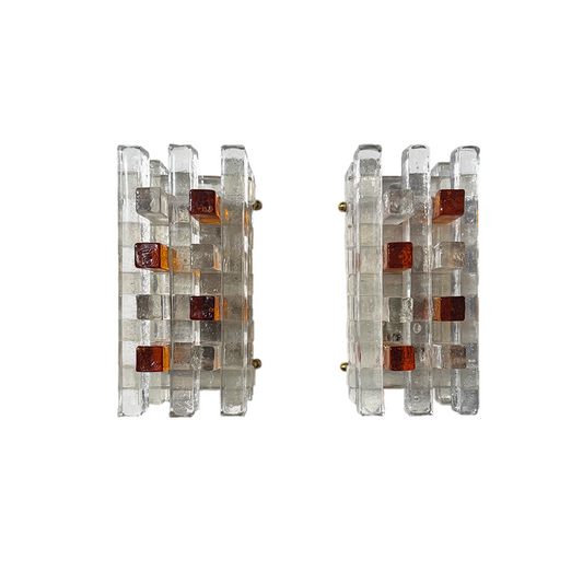 Pair of Albano Poli for Poliarte brutalist wall lights with stacked clear and amber glass bars, 1970s Italian