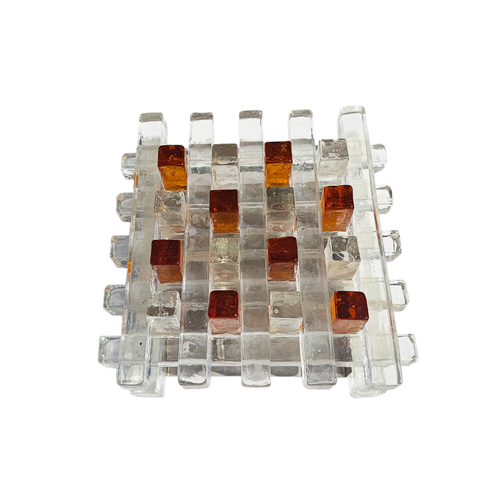 Close-up of layered clear and brown glass bars in geometric grid on 1970s Poliarte sconce