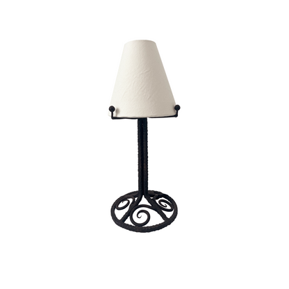 1940s French Art Deco wrought iron table lamp with hand-forged scroll base and geometric spheres