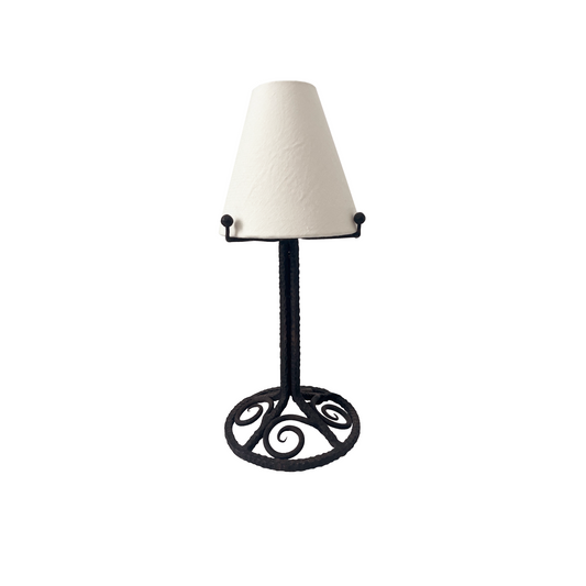 1940s French Art Deco wrought iron table lamp with hand-forged scroll base and geometric spheres