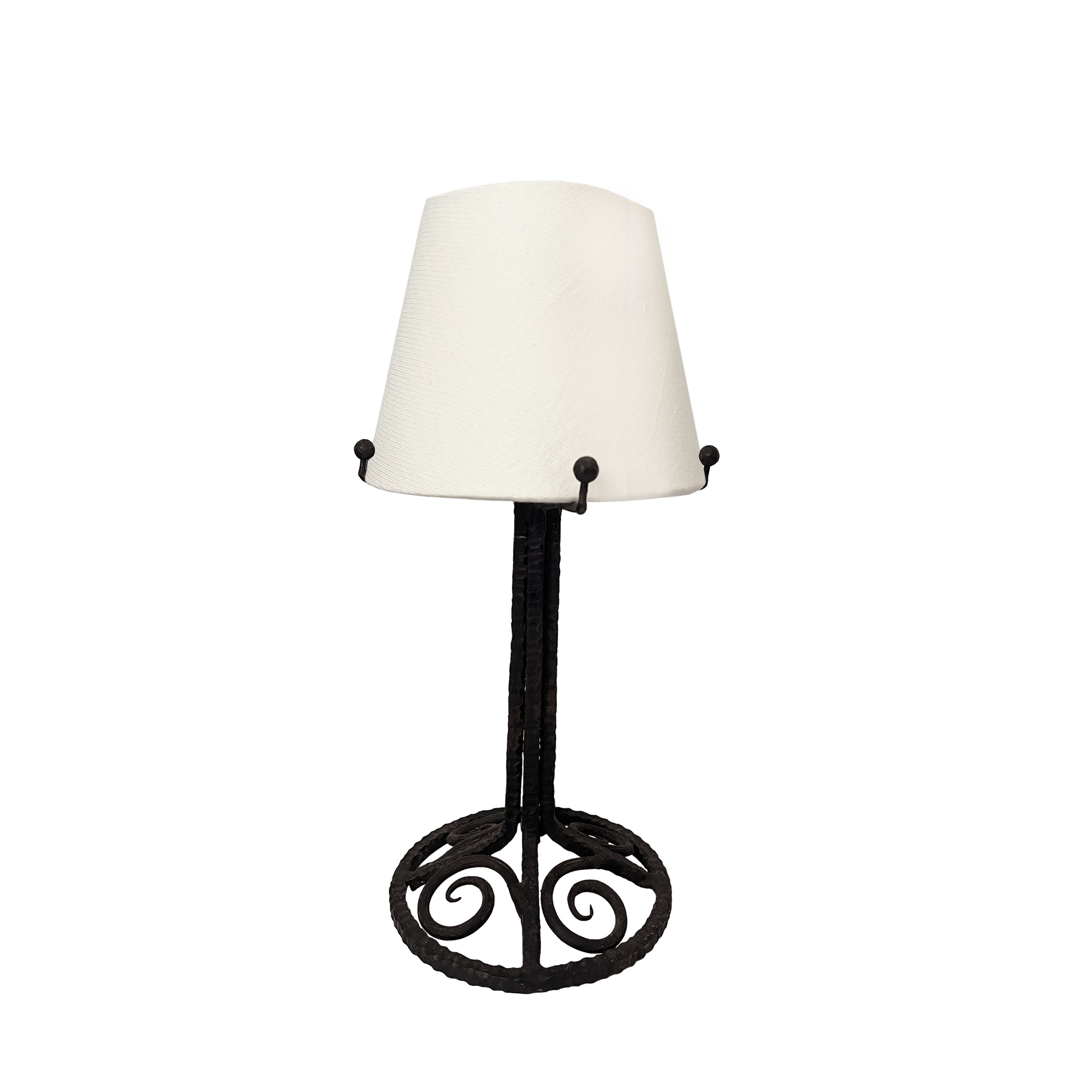 1940s French Art Deco wrought iron table lamp with hand-forged scroll base and geometric spheres