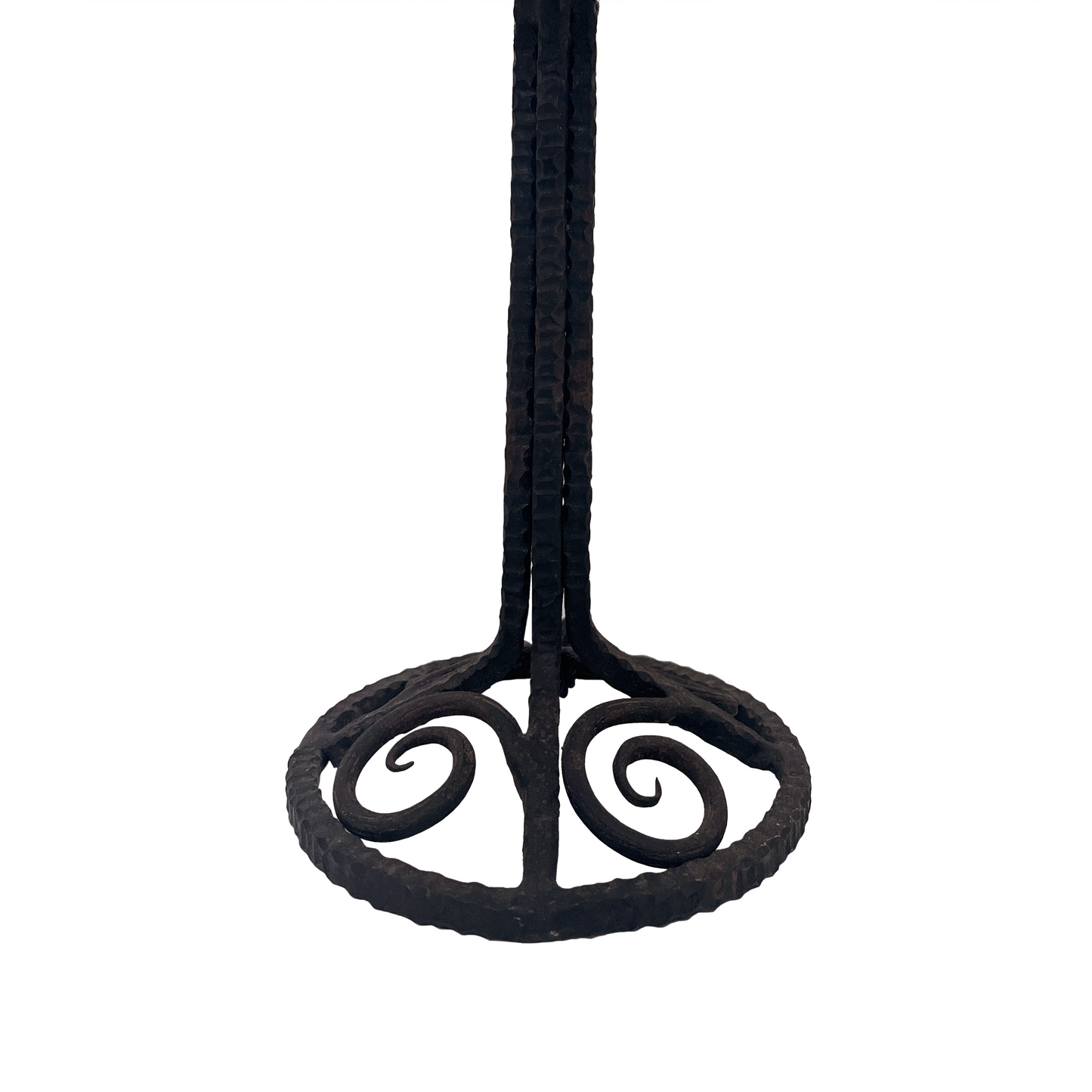 Three sphere supports and curved scroll base of vintage French wrought iron lamp