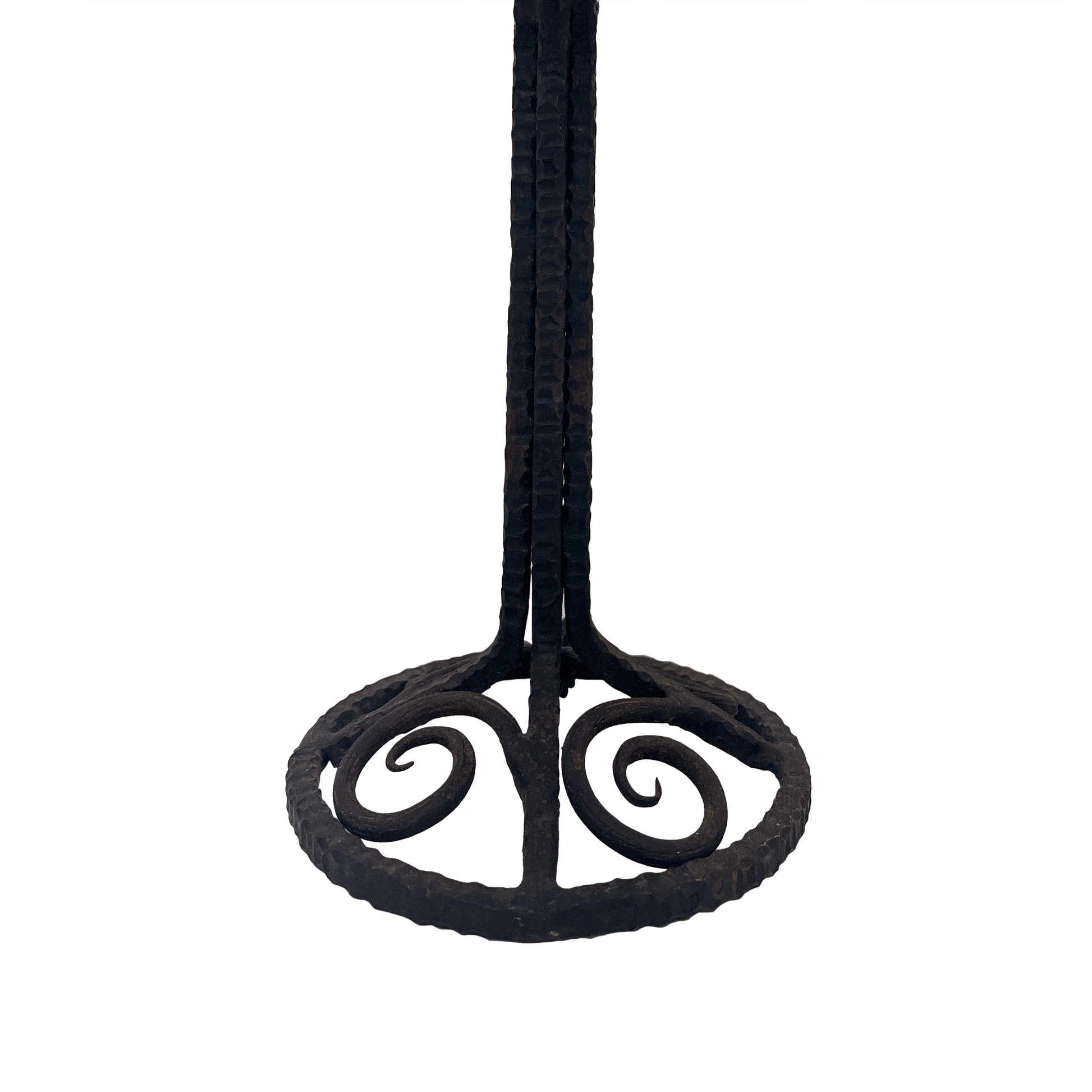 Three sphere supports and curved scroll base of vintage French wrought iron lamp