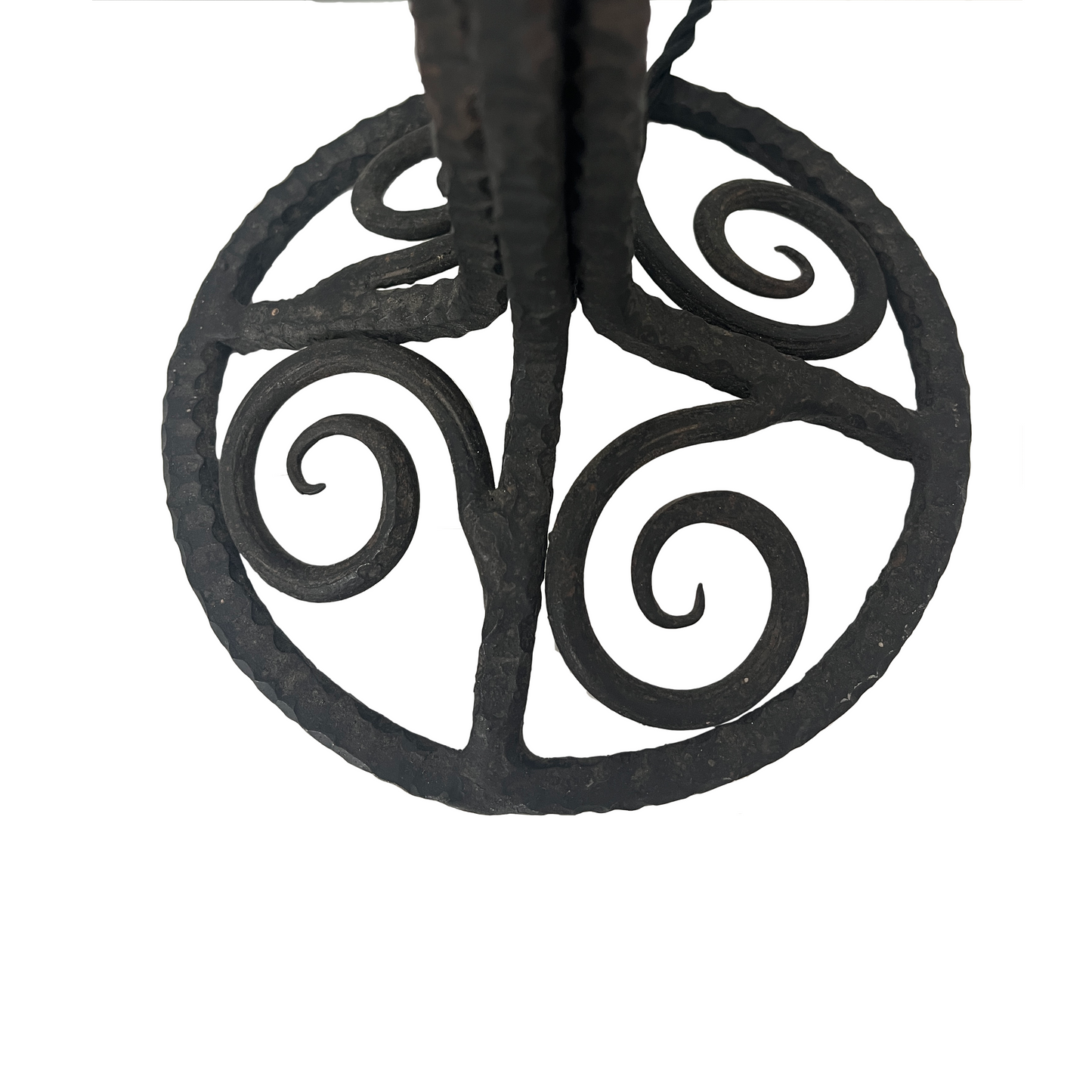 Detail of aged iron patina and hand-forged scrollwork on French Art Deco table lamp base