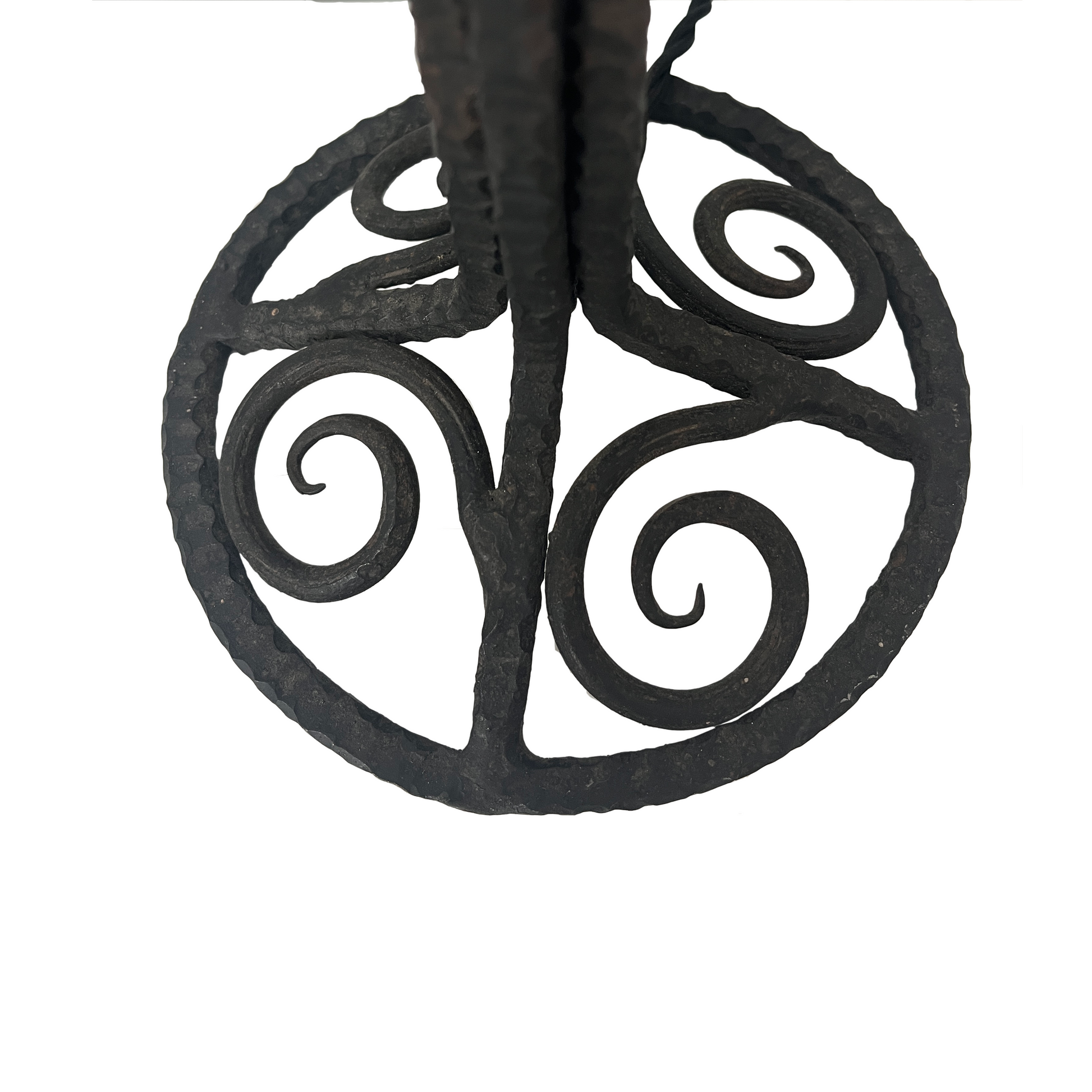 Detail of aged iron patina and hand-forged scrollwork on French Art Deco table lamp base