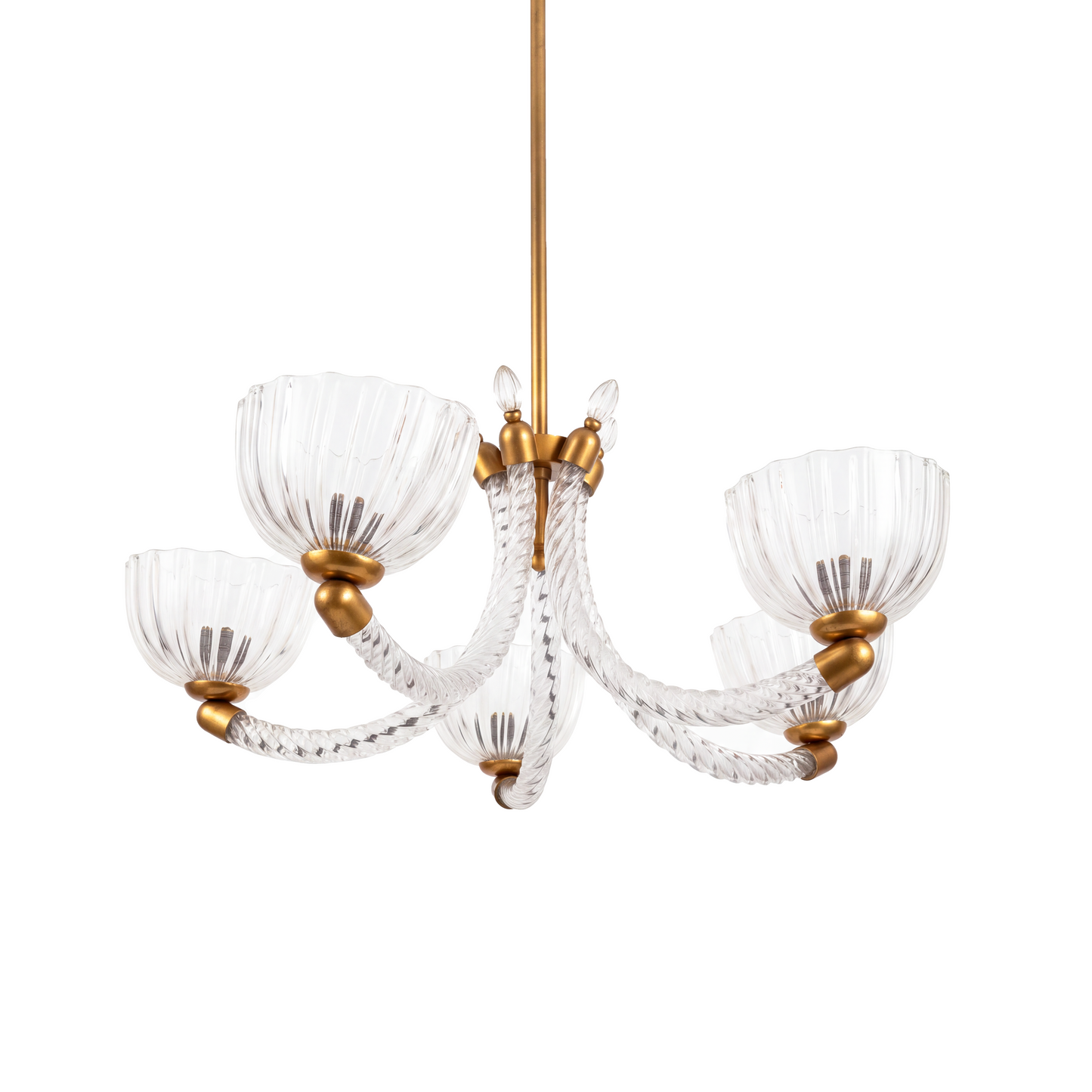 A five-light chandelier with clear ribbed glass shades and a polished gold/brass-finished metal frame and canopy, suspended against a plain white background.