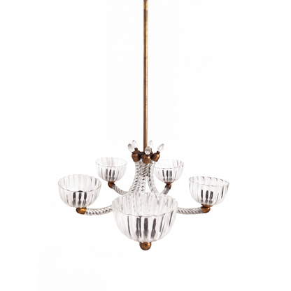 A five-light chandelier with clear ribbed glass candle cups and twisted glass arms, suspended by a brass-colored rod against a plain white background.