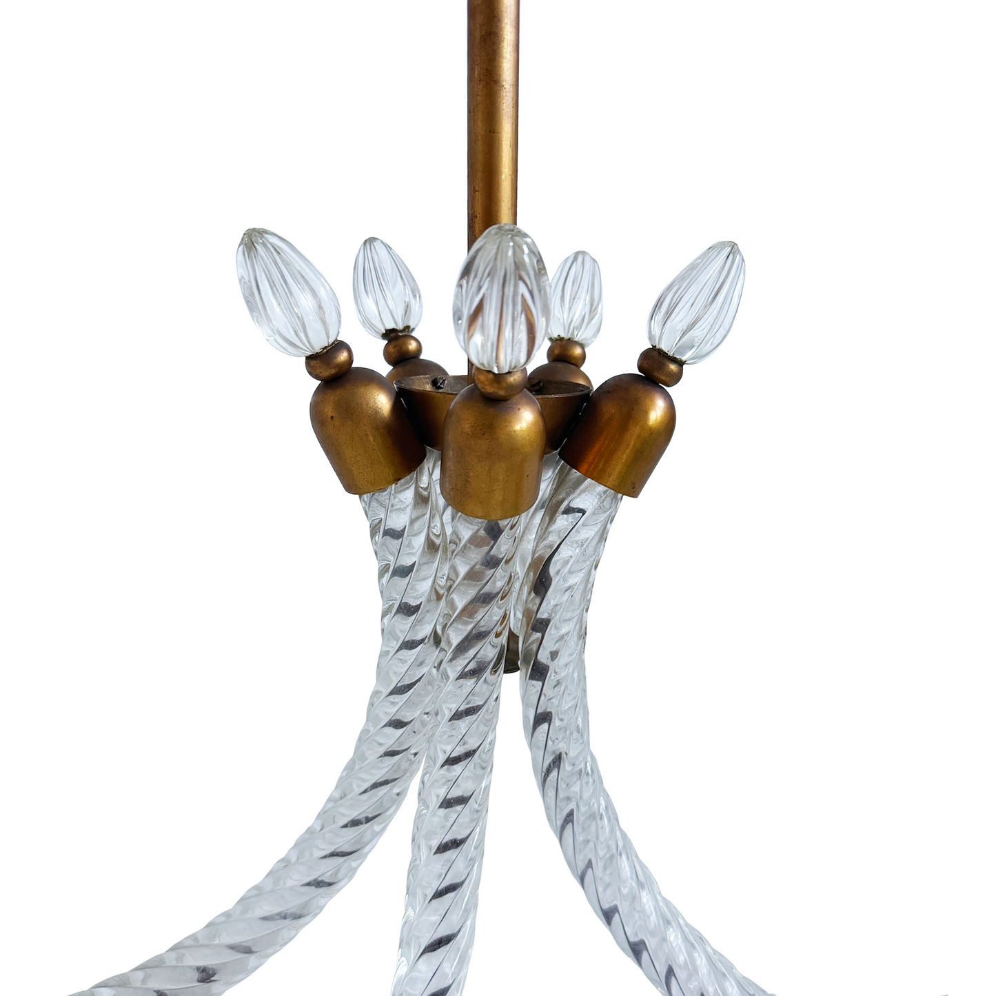 Close-up of torchon hand-blown Murano glass arm on 1940s Barovier & Toso chandelier