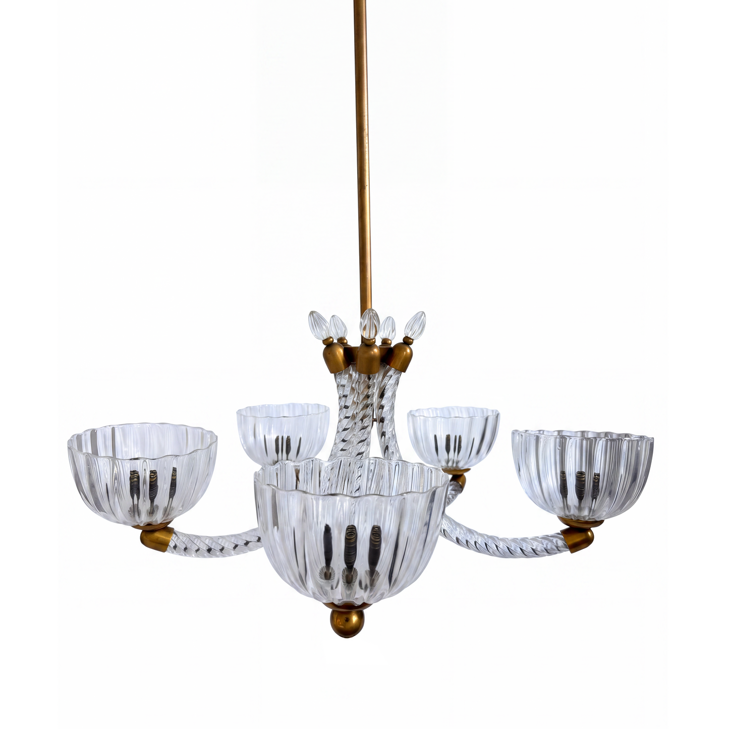 Brass frame and central fitting detail on vintage Barovier & Toso Murano glass chandelier