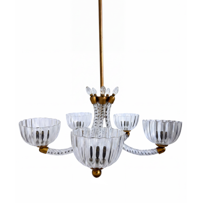 Brass frame and central fitting detail on vintage Barovier & Toso Murano glass chandelier