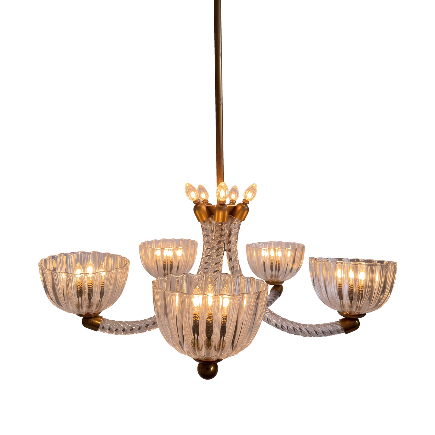 Barovier & Toso five-arm Murano glass chandelier with torchon arms and brass frame, 1940s Italian