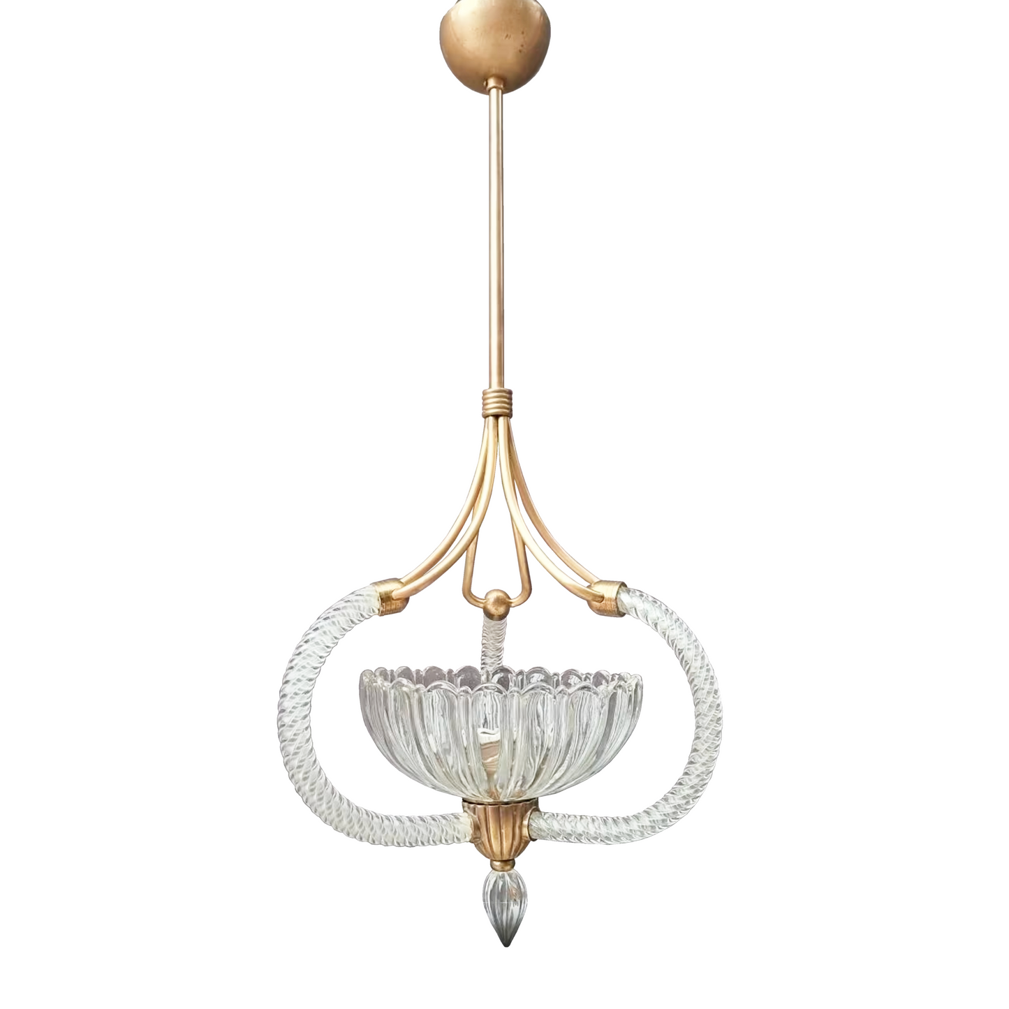 Barovier & Toso 1940s Italian pendant light with geometric brass cage and Murano glass