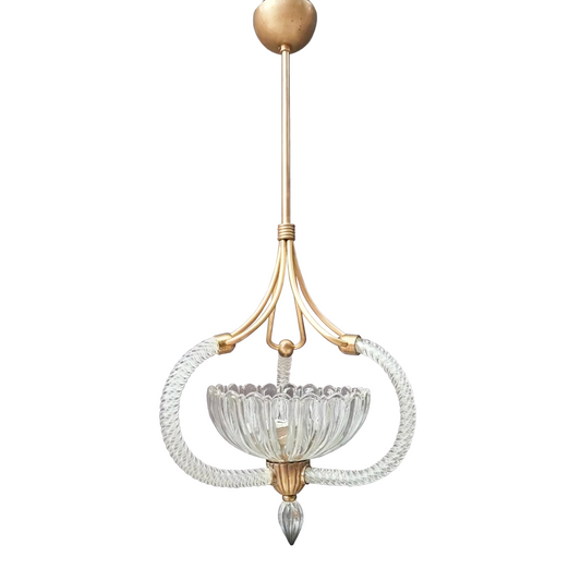 Barovier & Toso 1940s Italian pendant light with geometric brass cage and Murano glass