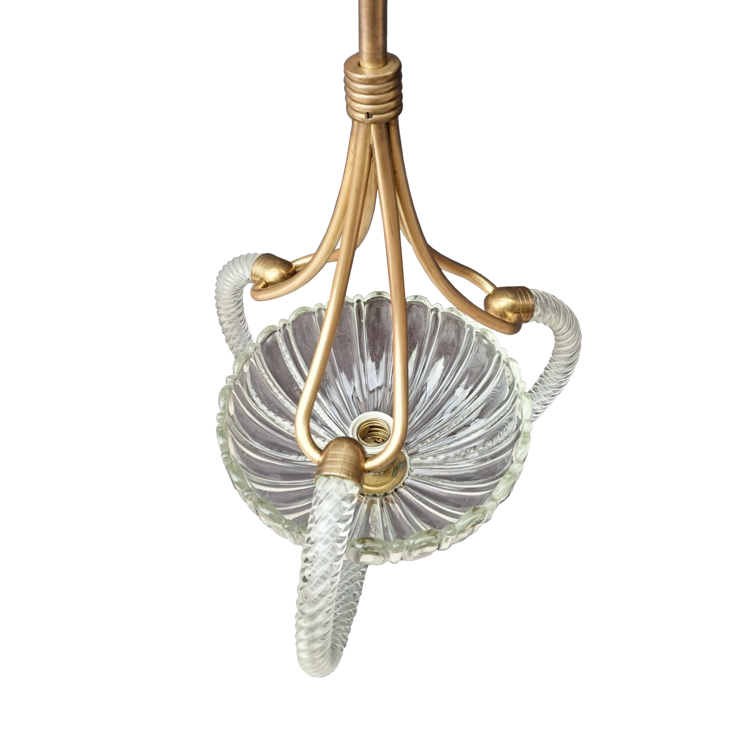 Close-up of hand-blown Murano glass inside brass cage on vintage Barovier & Toso pendant