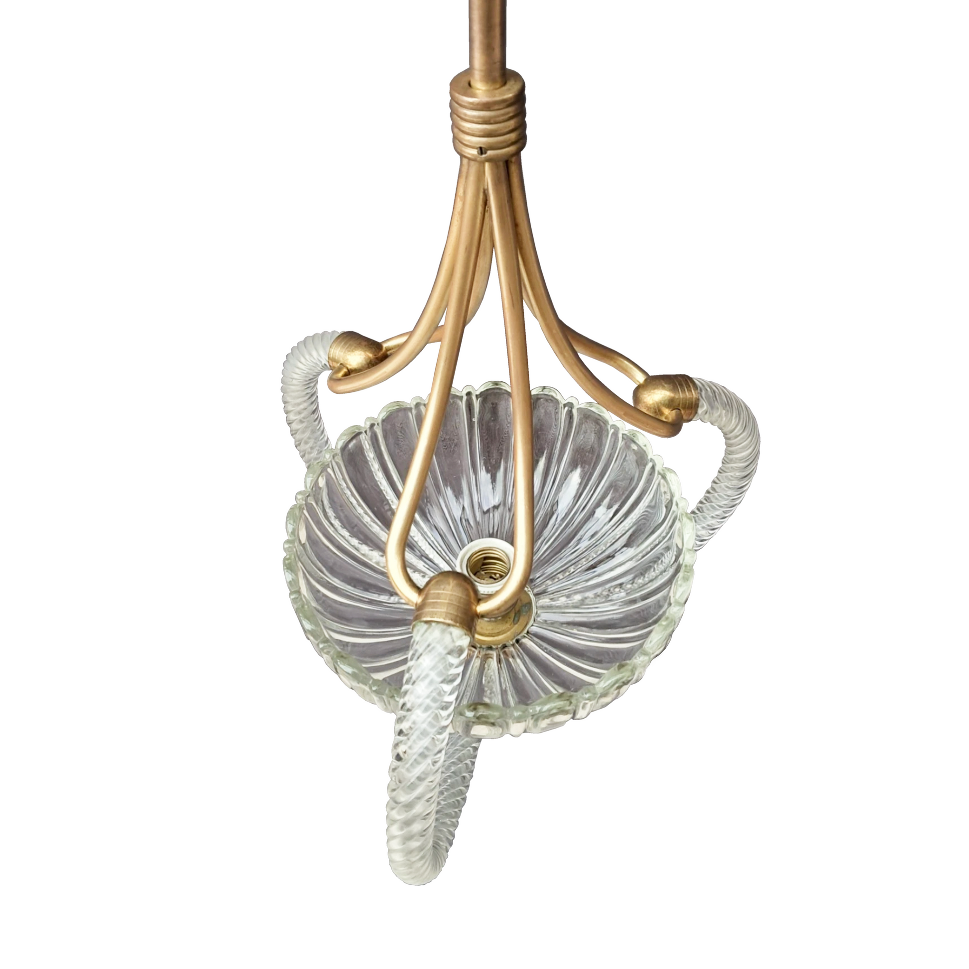 Close-up of hand-blown Murano glass inside brass cage on vintage Barovier & Toso pendant