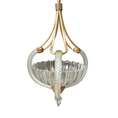  Detail of patinated brass framework and ceiling fitting on 1940s Italian Murano pendant