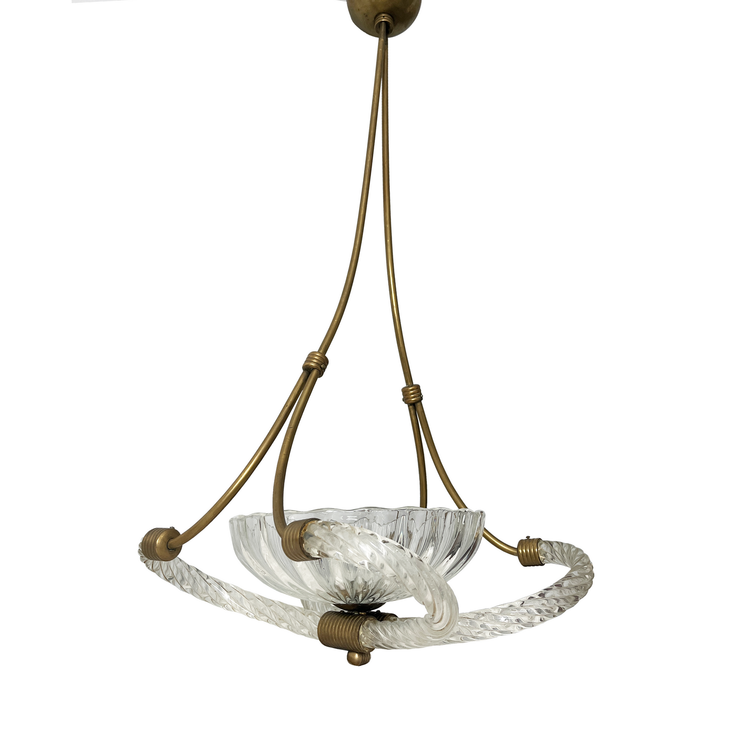 Barovier & Toso Murano glass pendant light with torchon bowl and curved brass arms, 1940s Italian