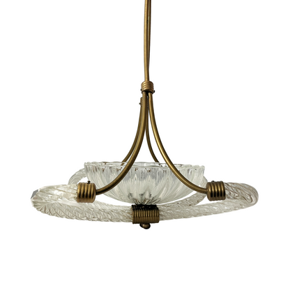 Curved brass arm detail and fitting on vintage Barovier & Toso Murano glass pendant light