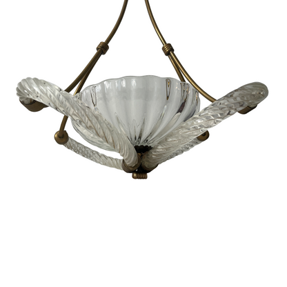 Curved brass arm detail and fitting on vintage Barovier & Toso Murano glass pendant light