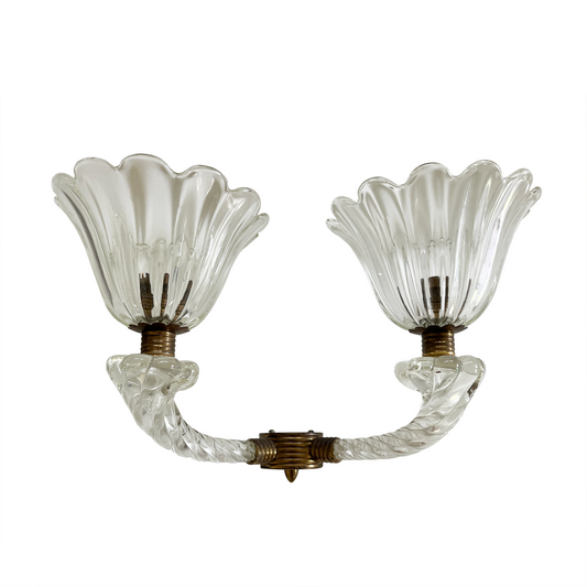 Vintage Double Armed Murano Glass and Brass Sconce