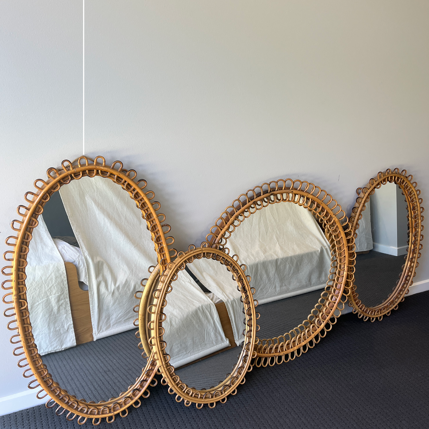 Large Vintage Oval Bamboo Mirror by Franco Albini for Bonacina