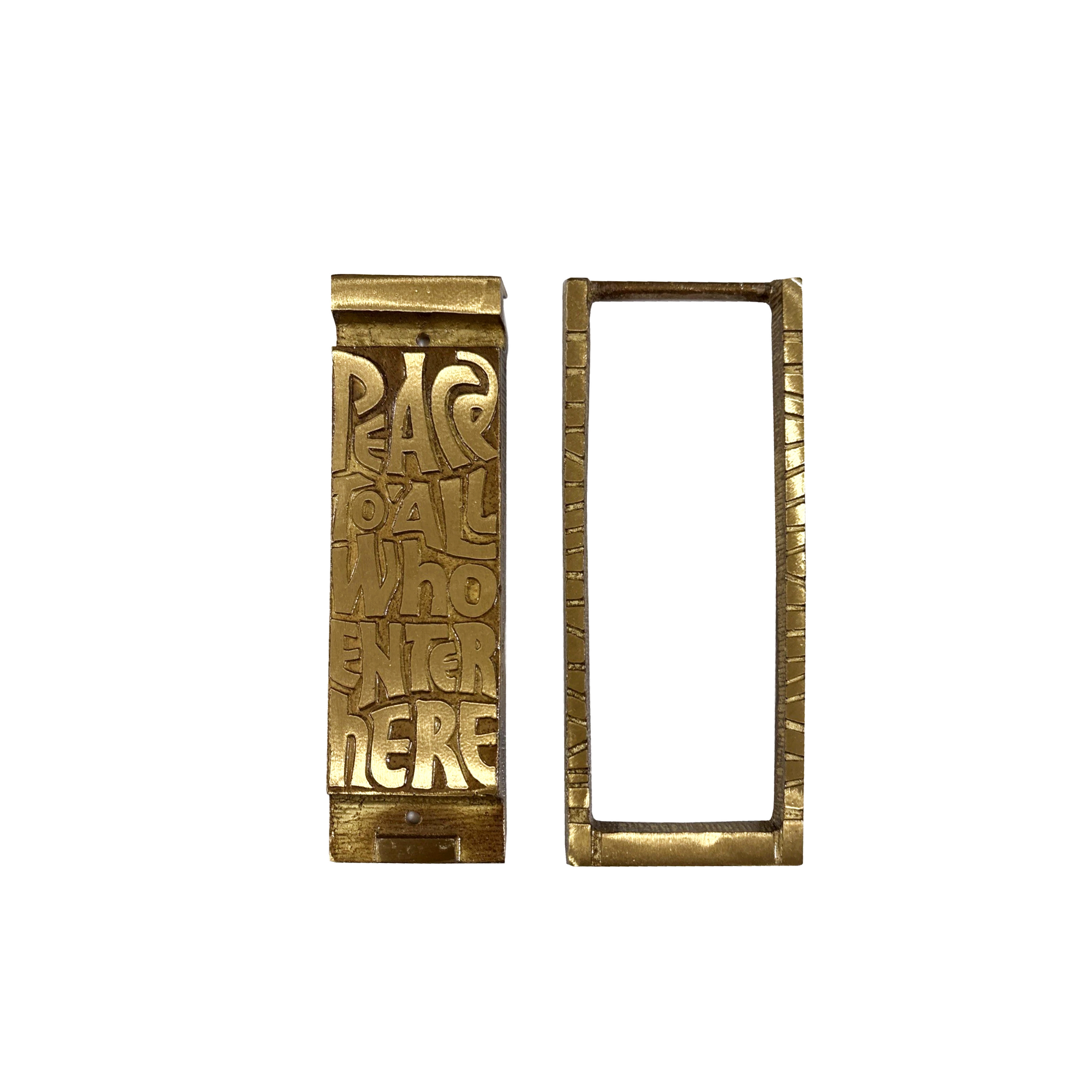 Detail showing strike plate and knocker mechanism of vintage Terra Sancta brass door knocker