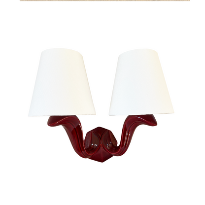 Pair of Burgundy Twin Arm Ceramic Sconces