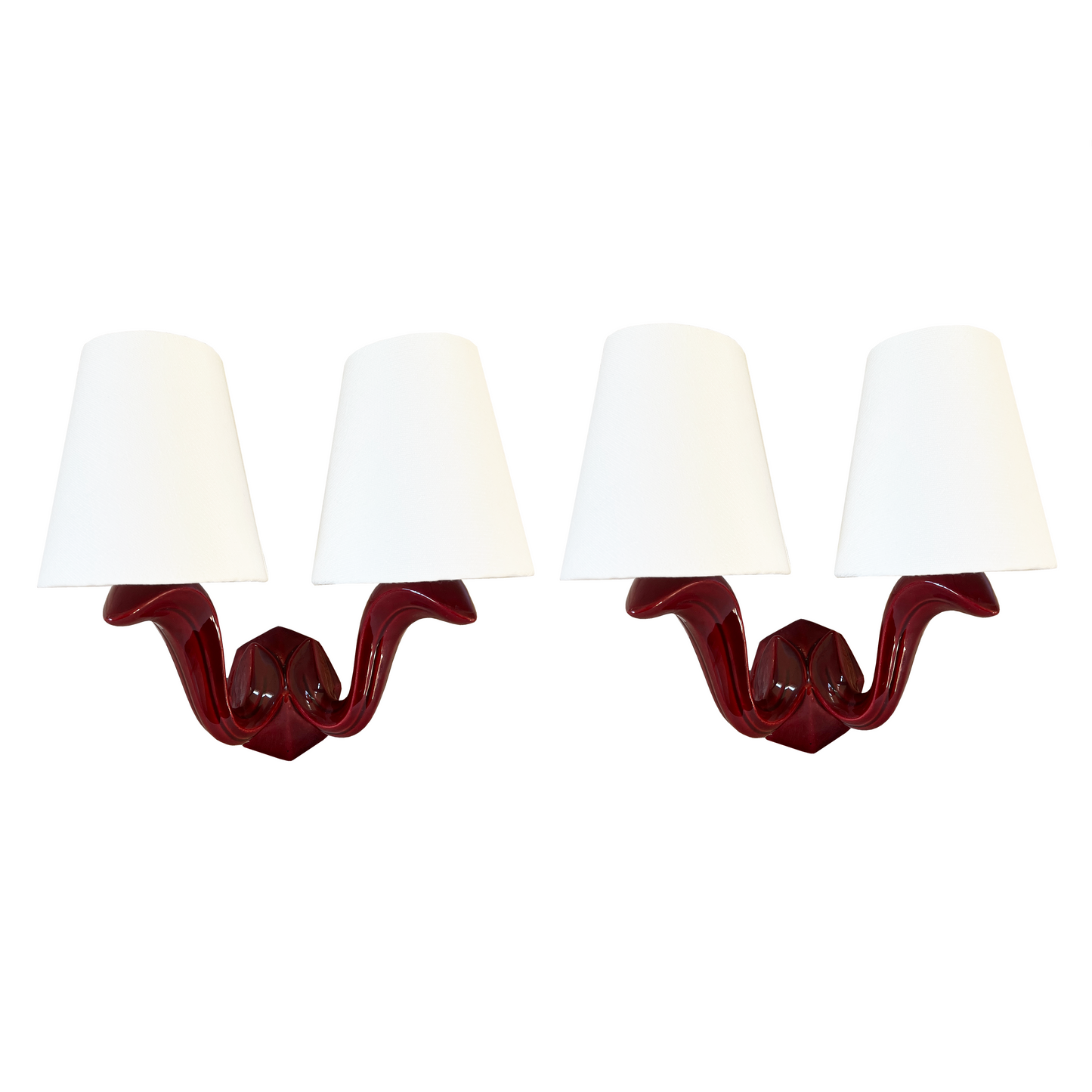 Pair of Burgundy Twin Arm Ceramic Sconces