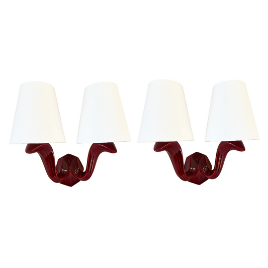 Pair of Burgundy Twin Arm Ceramic Sconces