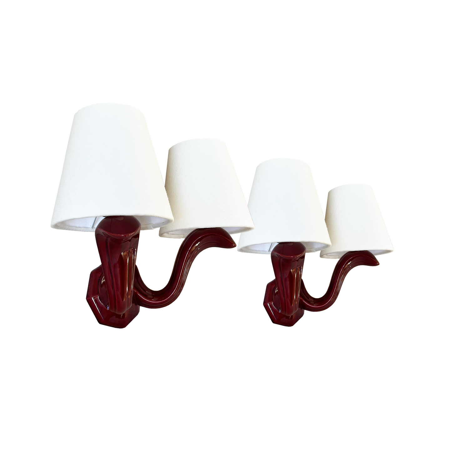 Pair of Burgundy Twin Arm Ceramic Sconces