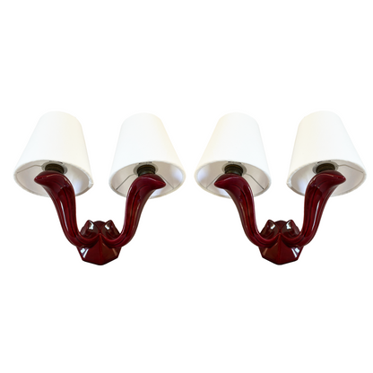 Pair of Burgundy Twin Arm Ceramic Sconces