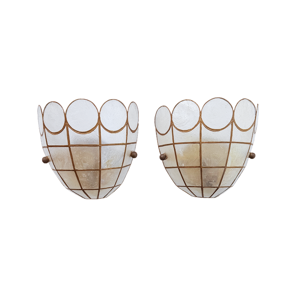 Pair of 1960s Italian capiz shell wall sconces with brass frames and scalloped tops