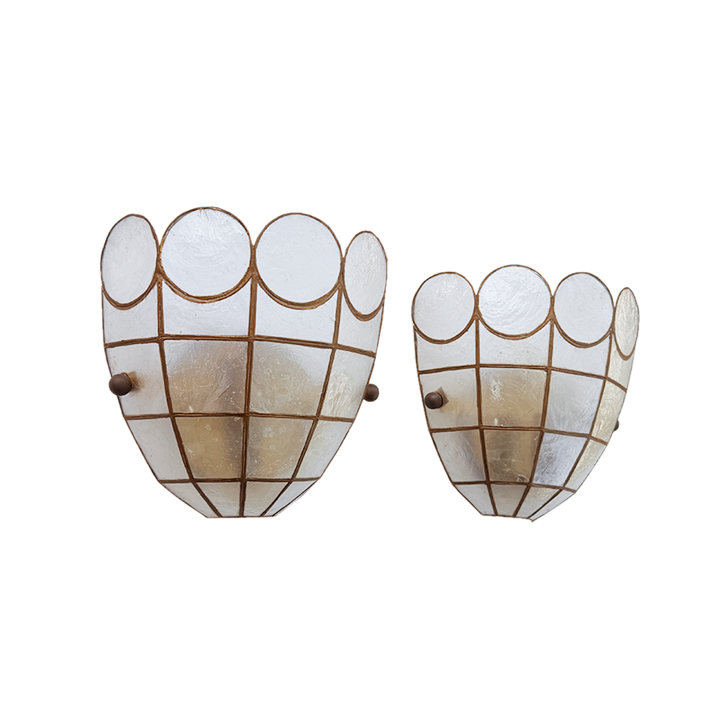 Two matching wall sconces with scalloped white textured glass shades and a bronze grid frame, shown on a plain white background.