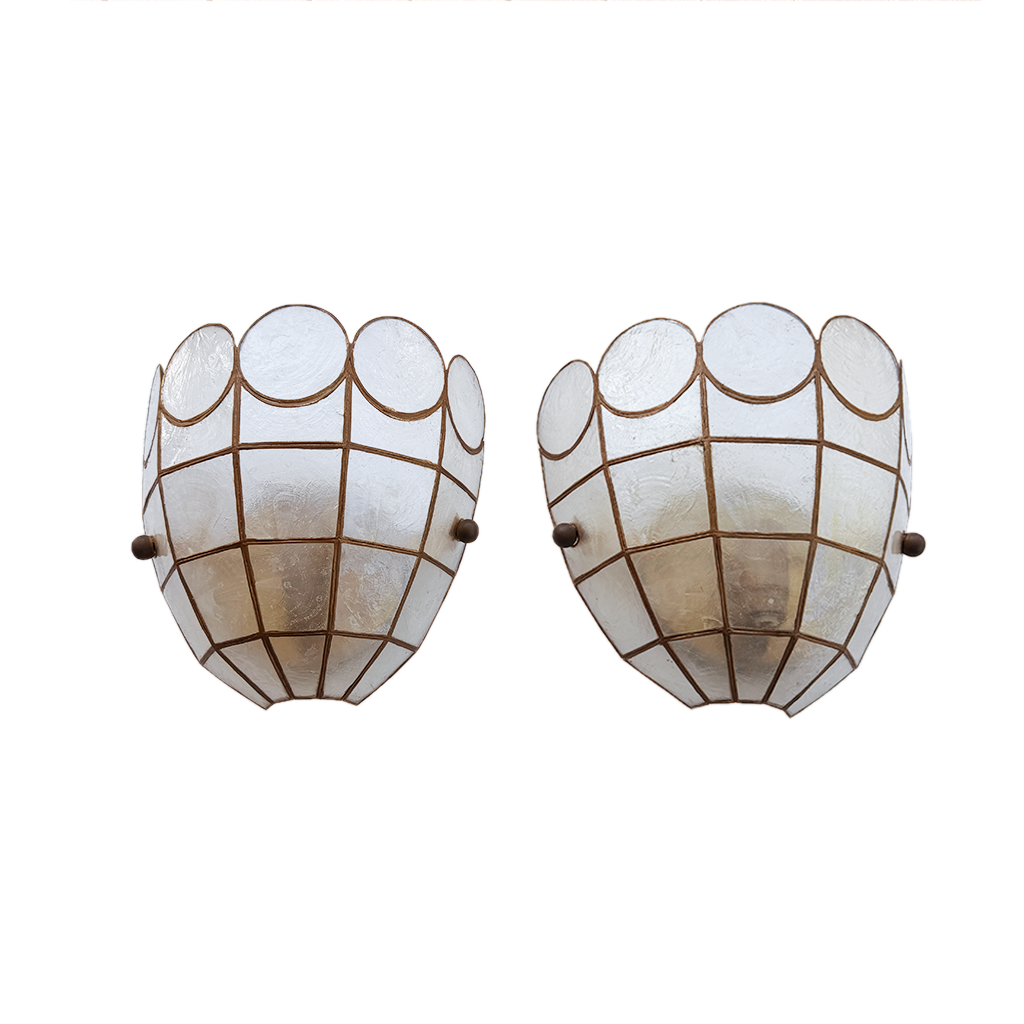 A pair of vintage-style wall sconces with scalloped, textured white glass shades and a bronze grid pattern, shown against a plain white background.