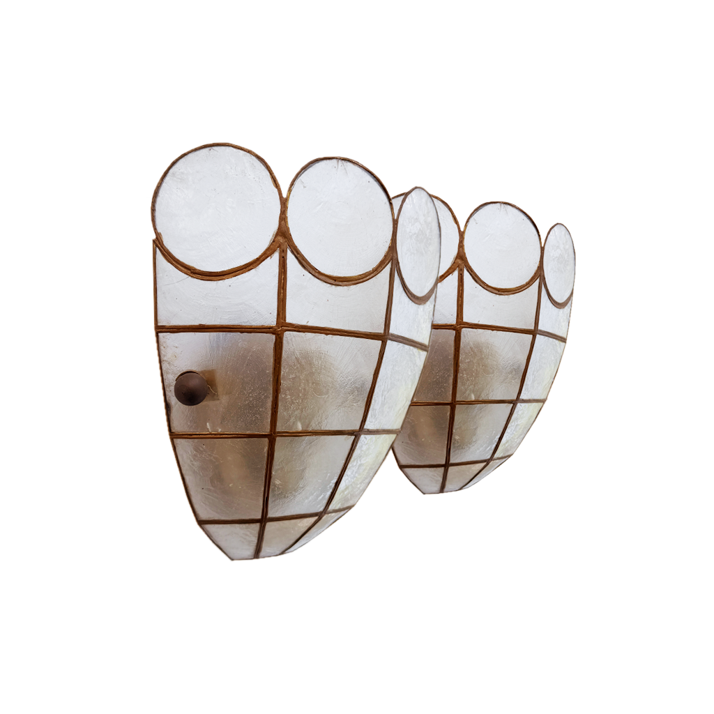 A pair of vintage Art Deco wall sconces with frosted glass shades and a rusted bronze grid frame, shown against a plain white background.