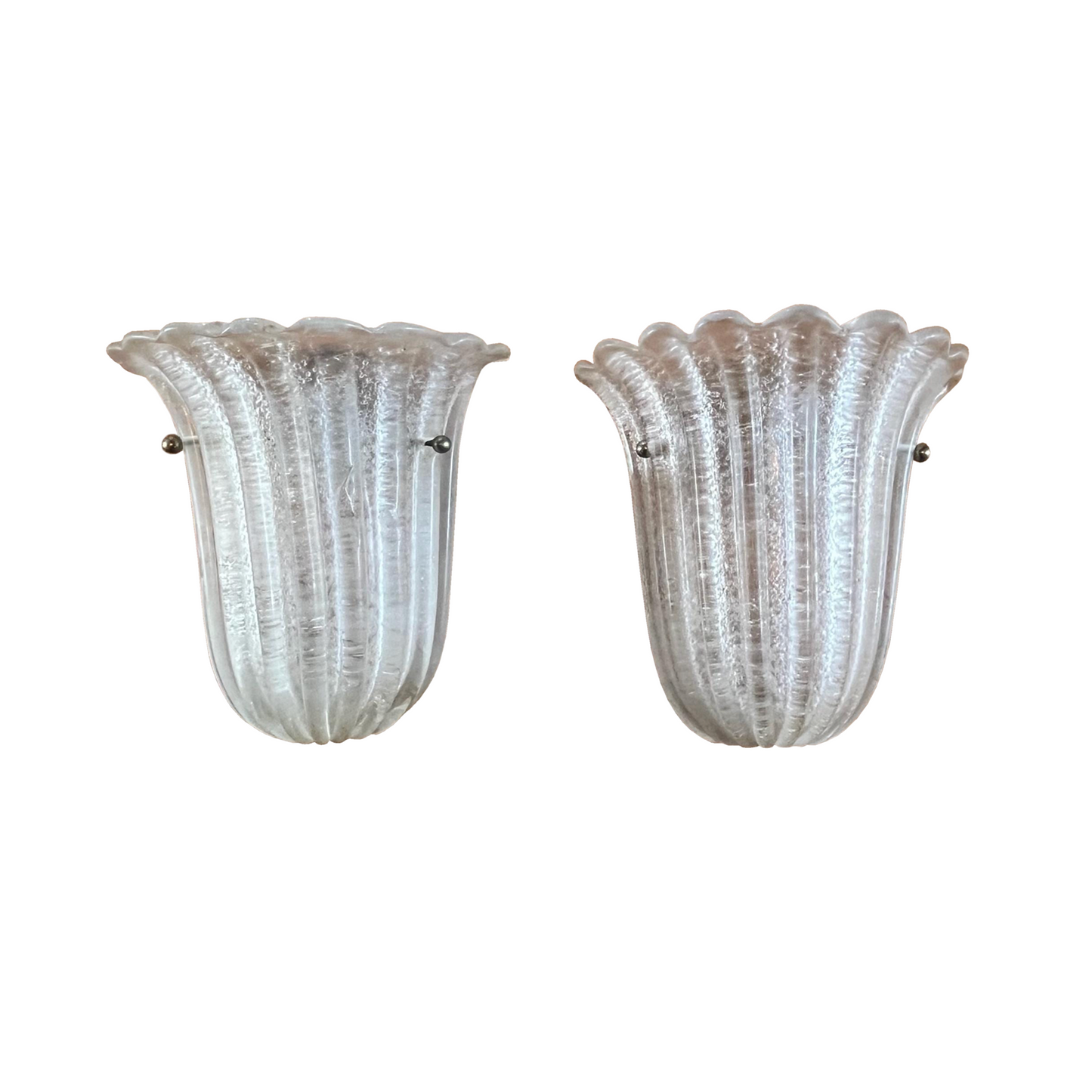 Pair of 1970s Barovier & Toso Murano glass wall lights with ribbed texture and scalloped edging