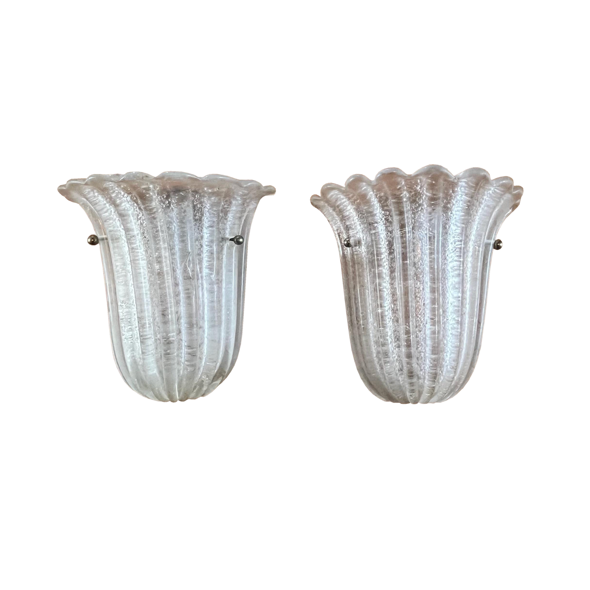 Pair of 1970s Barovier & Toso Murano glass wall lights with ribbed texture and scalloped edging