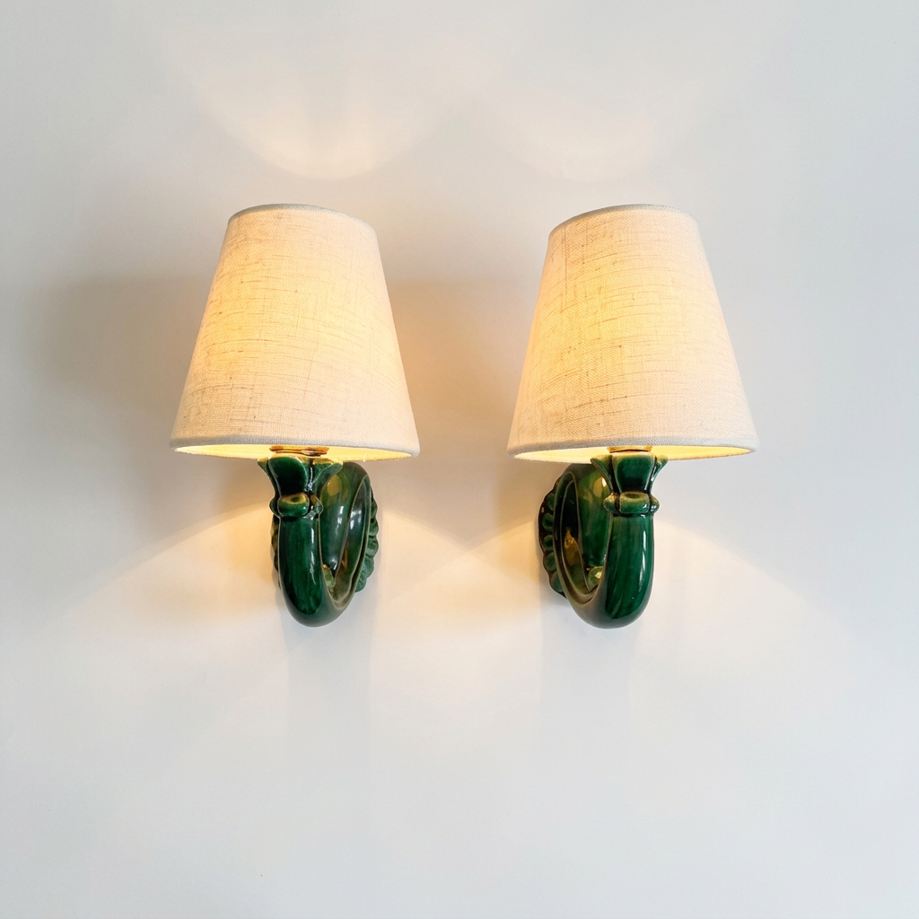 A pair of green ceramic wall sconces with tapered beige fabric shades, shown lit against a plain white wall.