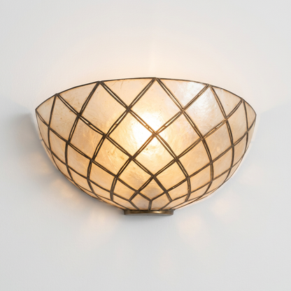 Mother-of-pearl luminosity and patina detail on 1950s Italian capiz shell sconce