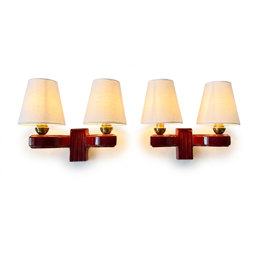 A pair of wall-mounted two-light sconces with tapered off-white fabric shades and glossy dark reddish-brown bases, shown against a plain white background.