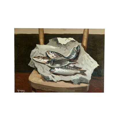 Italian Still Life Fish in Newspaper - Oil on Canvas